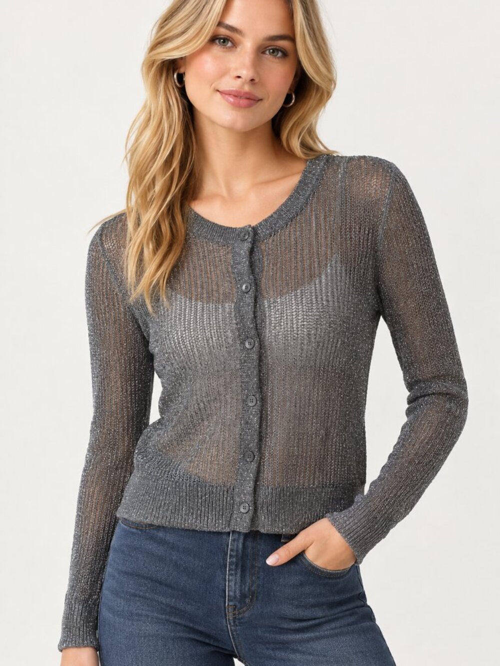 Express Women's Gray Sheer & Shimmer Button-Front Lightweight Cardigan Sweater